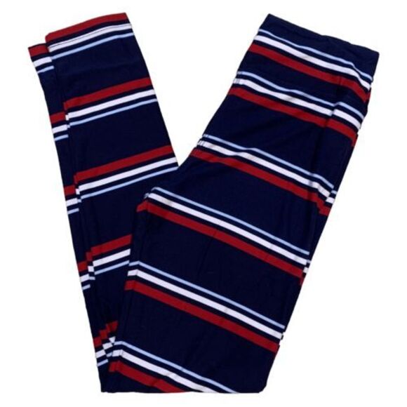 LuLaRoe Girls Juniors Leggings Blue Red‎ White Stripes Size TWEEN Teen 00-0 NWT - Picture 1 of 5